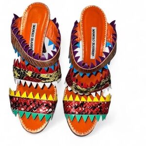 Manolo Blahnik 2018 Arpege Sharkbite Animal Print Color Block Mule Heels